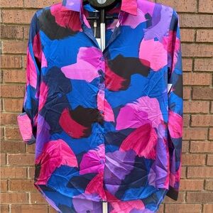 Q2 Satin Blouse Button Up Long Sleeve Multi-Color Abstract Size Small New